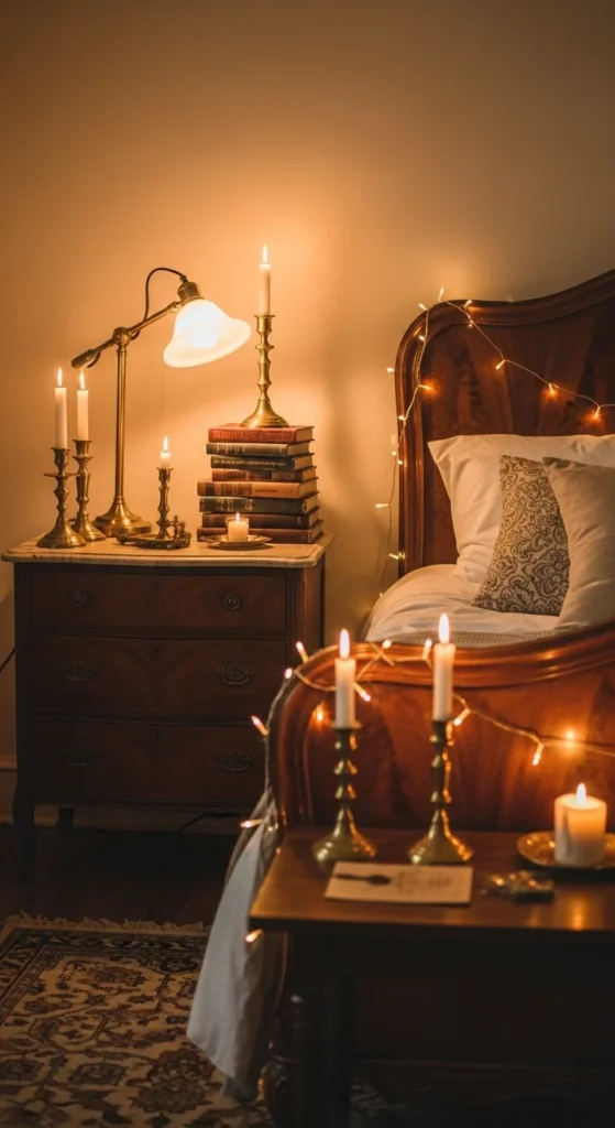 6 Dark Academia Bedroom Decorating Ideas to Inspire You Fairy lights and candles illuminating a romantic academia bedroom