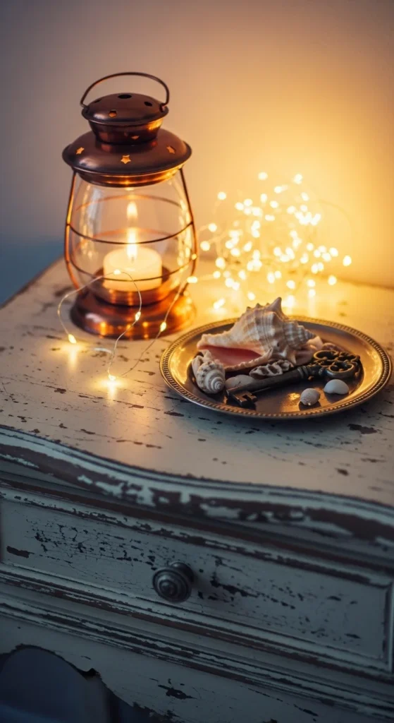 10 Fairy Lights Bedroom Ideas That We Are Loving Fairy lights styled around decor on an accent table