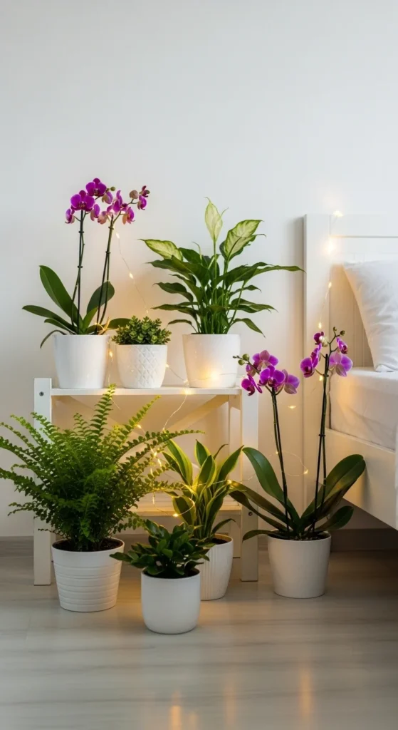 10 Fairy Lights Bedroom Ideas That We Are Loving Bookshelf decorated with fairy lights wrapped around books and plants