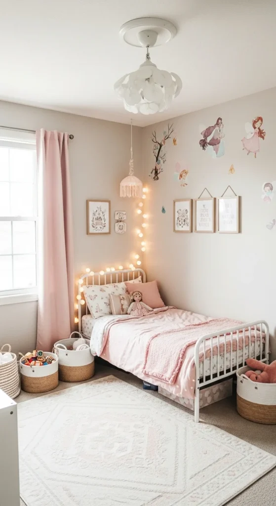 10 Toddler Girl Bedroom Ideas On A Budget To Love Fairy tale-themed toddler bedroom with pastel colors and twinkle lights