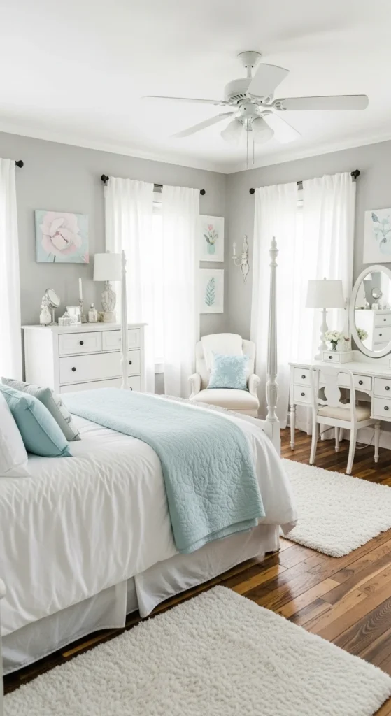 8 Cozy Farmhouse Bedroom Ideas for Country Charm Farmhouse bedroom in soft white, beige, and pastel blue tones