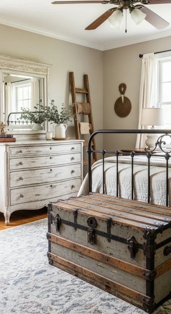8 Cozy Farmhouse Bedroom Ideas for Country Charm Farmhouse bedroom with antique furniture and vintage accents