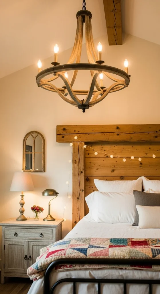 8 Cozy Farmhouse Bedroom Ideas for Country Charm Farmhouse bedroom with chandelier and soft ambient lighting