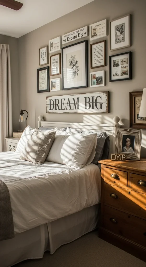 8 Cozy Farmhouse Bedroom Ideas for Country Charm Farmhouse bedroom with gallery wall and personal touches