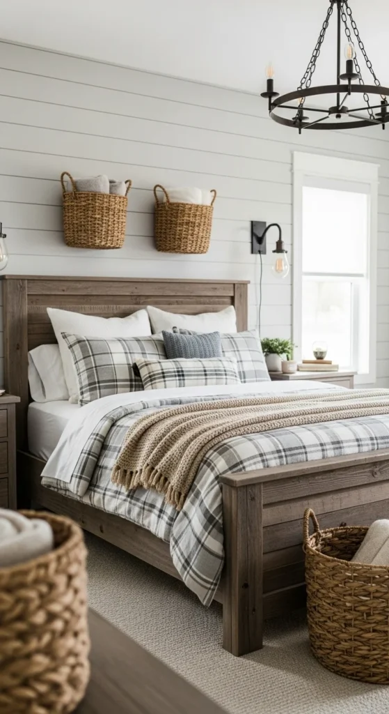 7 Inspirational Aesthetic Bedroom Design Ideas Farmhouse bedroom with wood furniture and cozy layered bedding