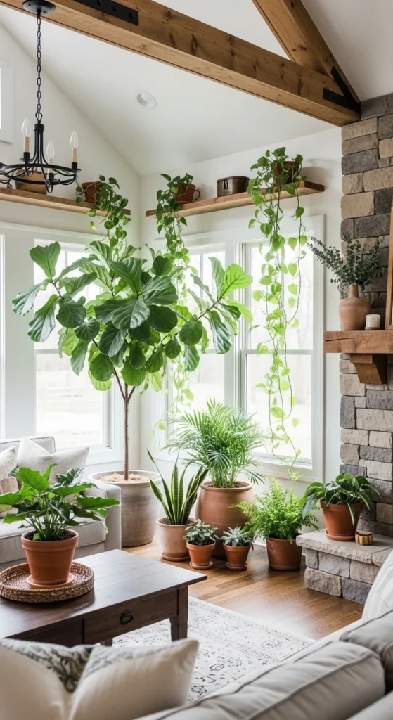 7 Farmhouse Living Room Ideas to Check Out Farmhouse living room decorated with indoor greenery