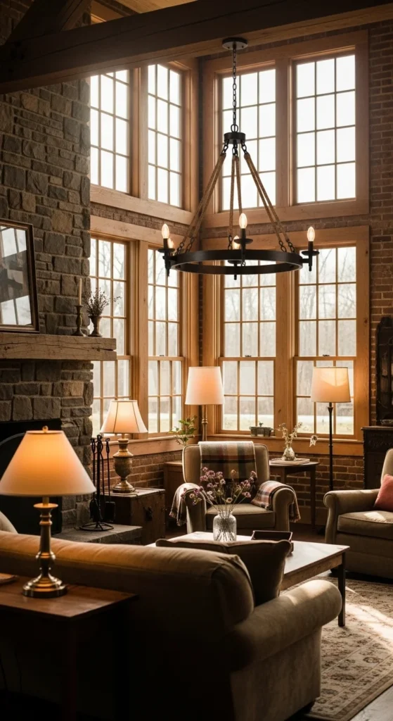 7 Farmhouse Living Room Ideas to Check Out Farmhouse living room with layered rustic lighting
