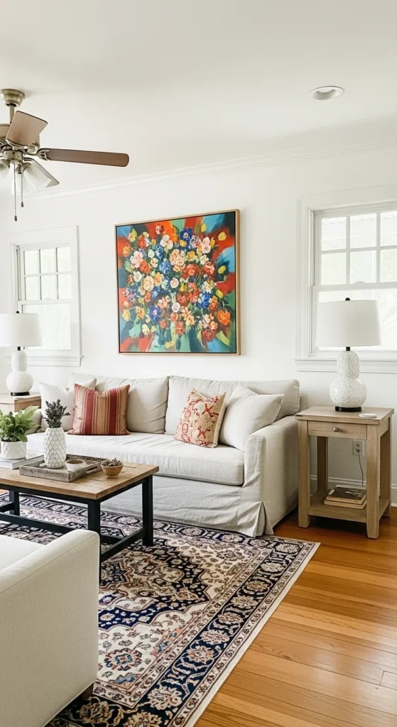 7 Farmhouse Living Room Ideas to Check Out Farmhouse living room with neutral tones and bold accents