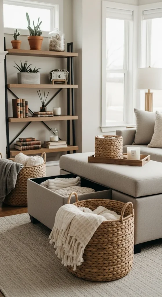 7 Modern Farmhouse Living Rooms to Inspire You Farmhouse living room with stylish and functional storage