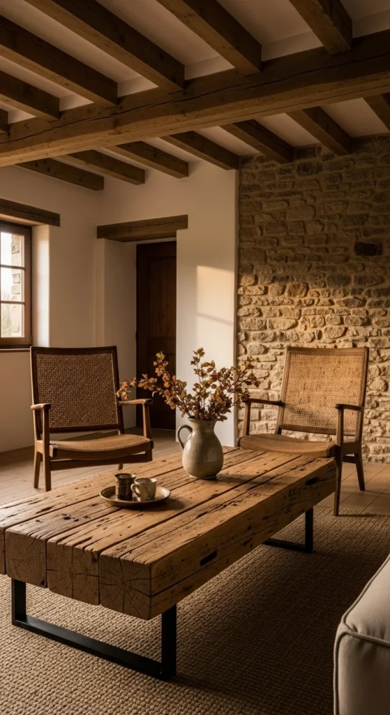 7 Farmhouse Living Room Ideas to Check Out Farmhouse living room with wood, wicker, and stone details
