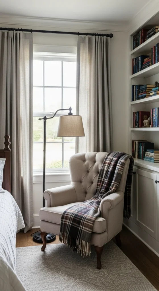 8 Cozy Farmhouse Bedroom Ideas for Country Charm Farmhouse reading nook with cozy chair and bookshelves