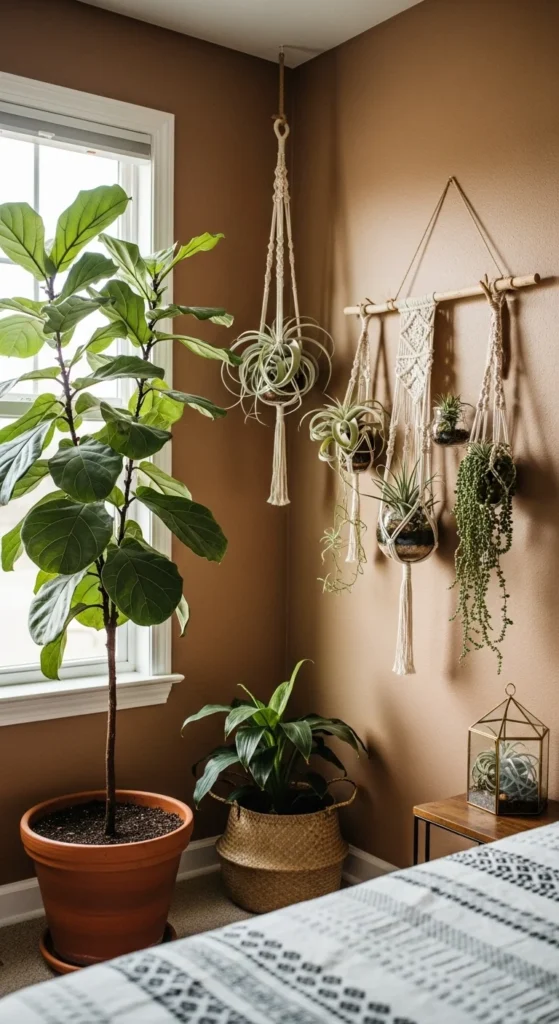 7 Cozy Terra Cotta Bedroom Ideas for a Warm Vibe Fiddle leaf fig in terra cotta pot brightens bedroom corner
