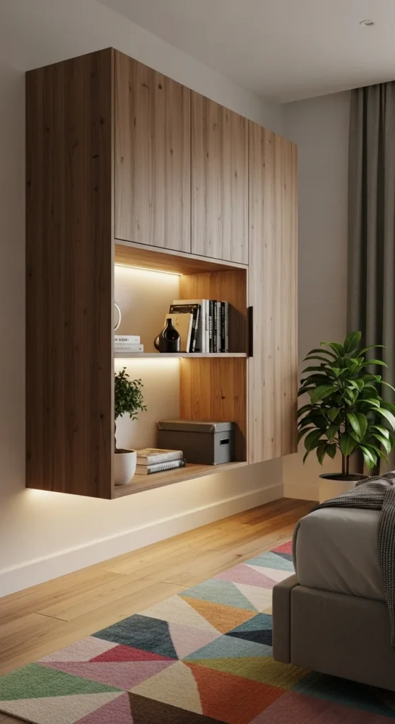 7 Latest Bedroom Cupboard Designs for Smart Storage Floating bedroom cupboard with lights and open space below