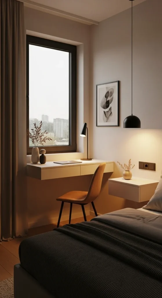 9 Tiny Bedroom Design Ideas to Maximize Space with Style Floating furniture in a small bedroom to free floor space
