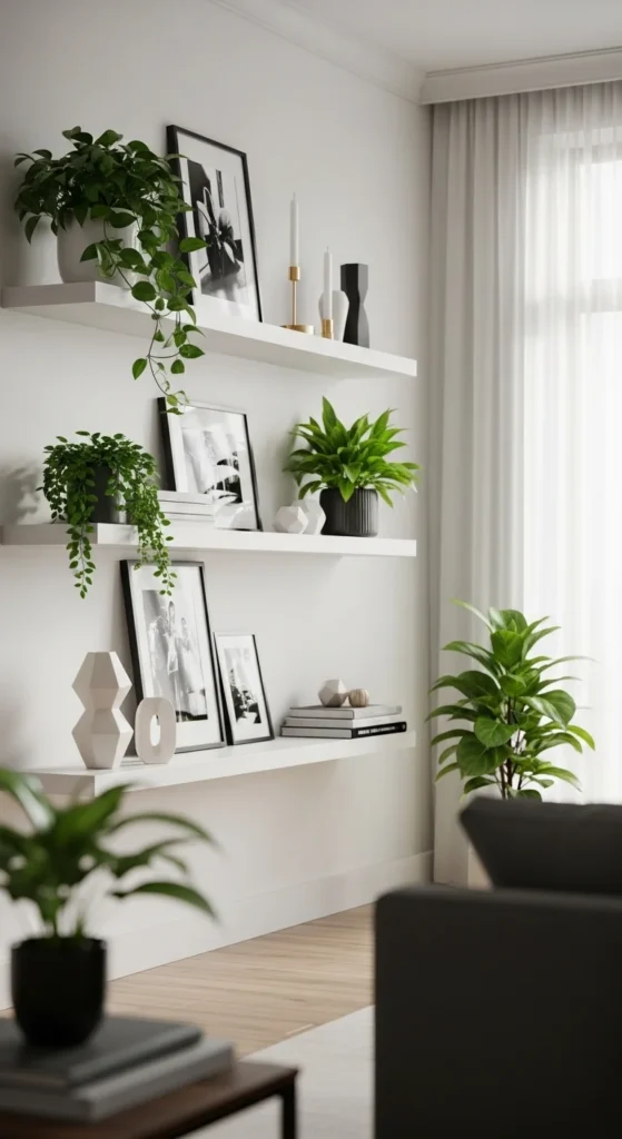 8 Best Living Room Shelving Ideas Floating shelves with decor on a minimalist living room wall