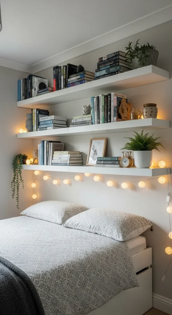 10 Fairy Lights Bedroom Ideas That We Are Loving Floating shelves with fairy lights underneath highlighting decor
