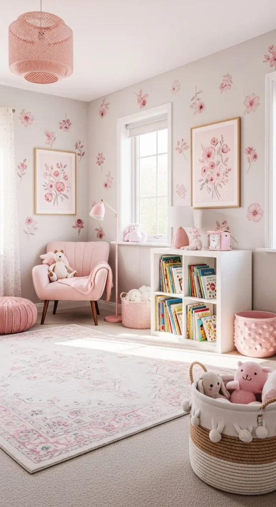 7 Girls Bedroom Ideas in Pink That Keep It Subtle Floral pink prints and greenery in a girl’s bedroom