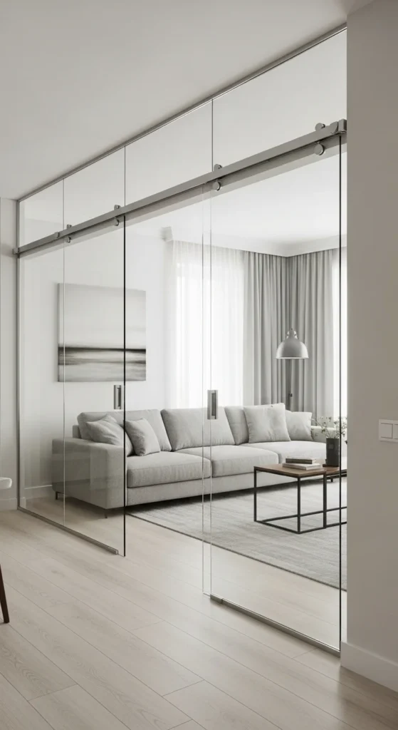 7 Stylish Living Room Divider Ideas You’ll Love Frameless glass partition separates zones in a modern living room