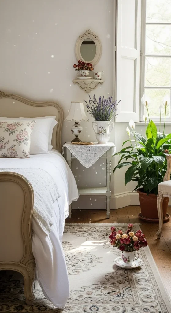 9 French Cottage Bedroom Ideas French bedroom with lavender, peace lily, and floral accents