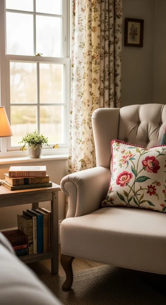 9 French Cottage Bedroom Ideas French cottage reading nook with a comfy chair and soft light