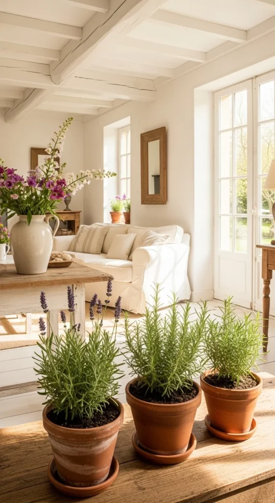 6 French Country Living Room Ideas for a Comfy and Sophisticated Feel French country living room decorated with plants and flowers