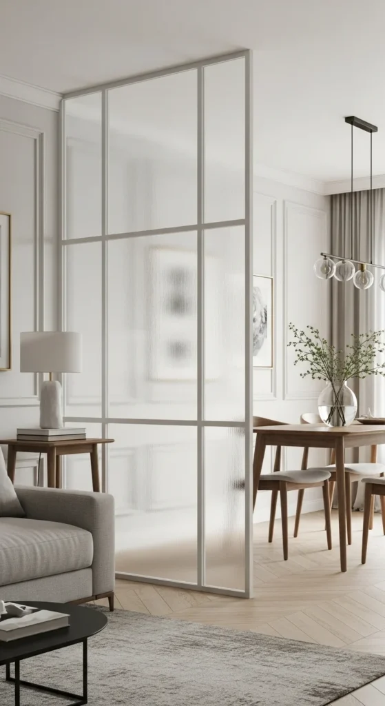 7 Stylish Living Room Partition Ideas You’ll Love Frosted glass wall softly dividing a modern living room