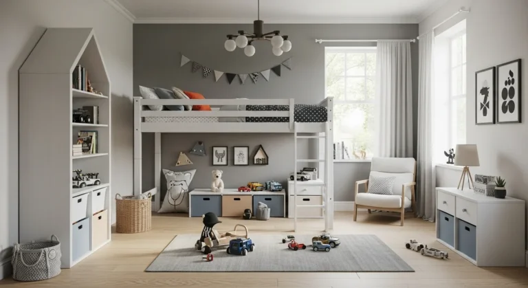 Functional and stylish boys' bedroom with playful decor and loft bed
