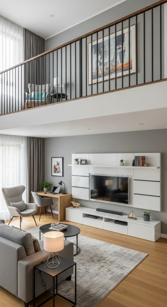 6 Stunning Double-Height Living Room Design Ideas Functional double-height space with reading and media zones