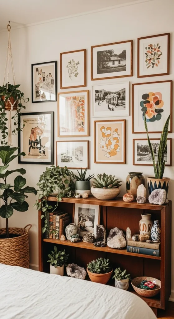 8 Easy Grown Woman Bedroom Renovation Ideas Gallery wall and indoor plants in a stylish bedroom