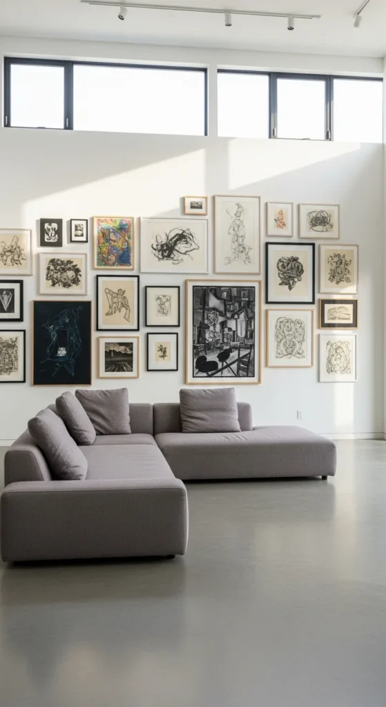 Gallery wall filled with framed art above a modern sofa