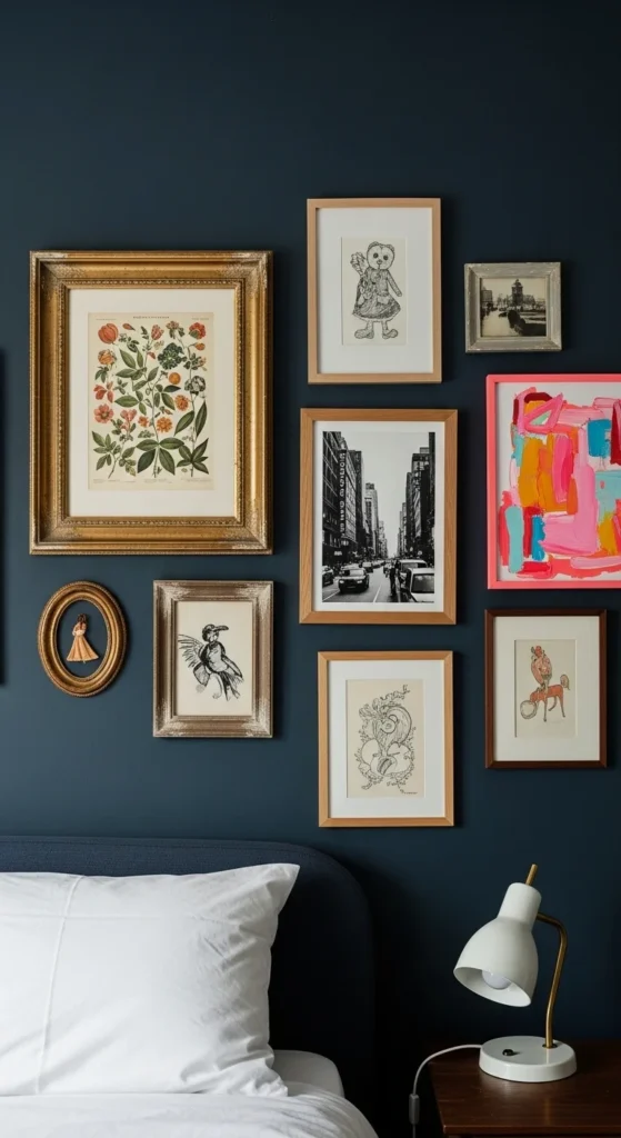 Gallery wall in moody bedroom with vintage frames