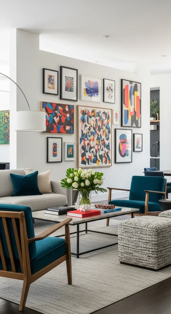 7 Stylish Living Room Divider Ideas You’ll Love Gallery wall of art subtly divides areas in a creative living room