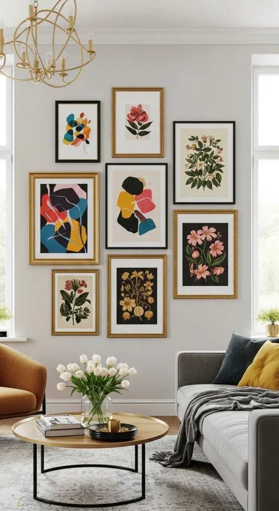 7 Eclectic Living Room Ideas to Elevate Your Home Decor Gallery wall with mixed art styles in a cozy living room
