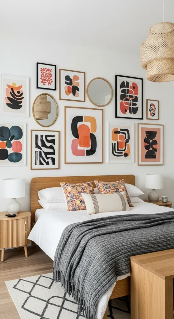 6 Eclectic Bedroom Design Ideas Gallery wall with mixed-frame art in an eclectic bedroom