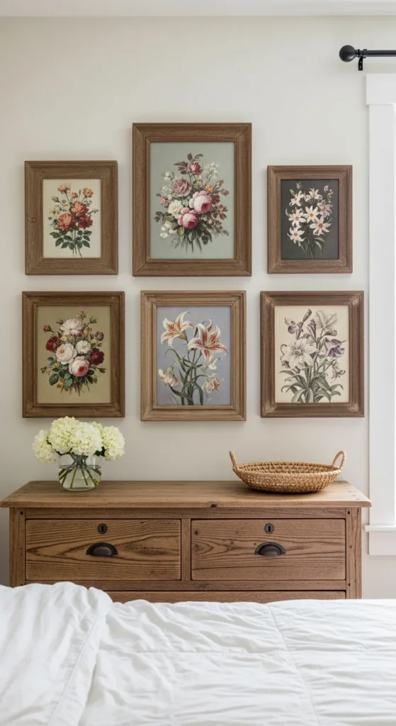 9 French Cottage Bedroom Ideas Gallery wall with rustic artwork in a French cottage room