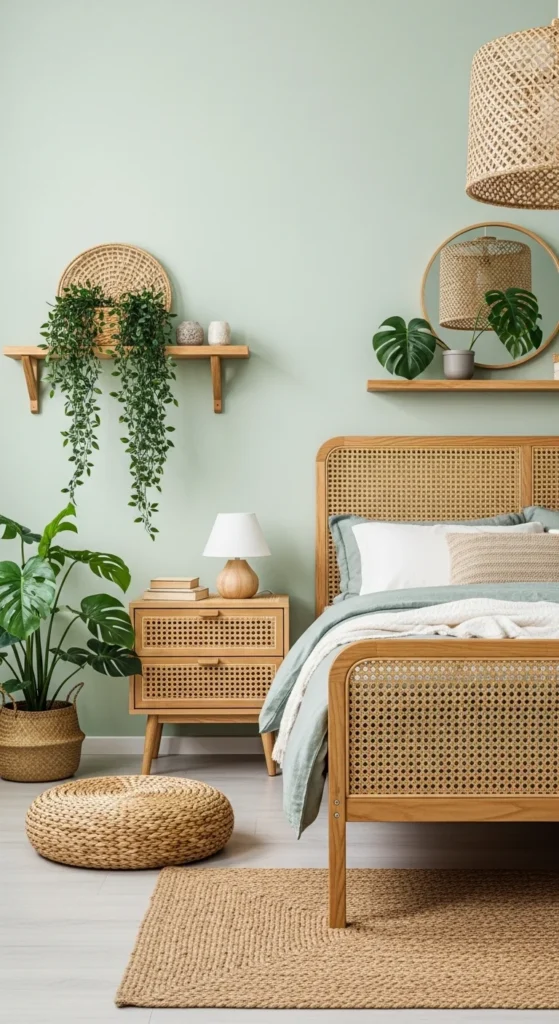 Gentle green bedroom with wood accents and natural textures