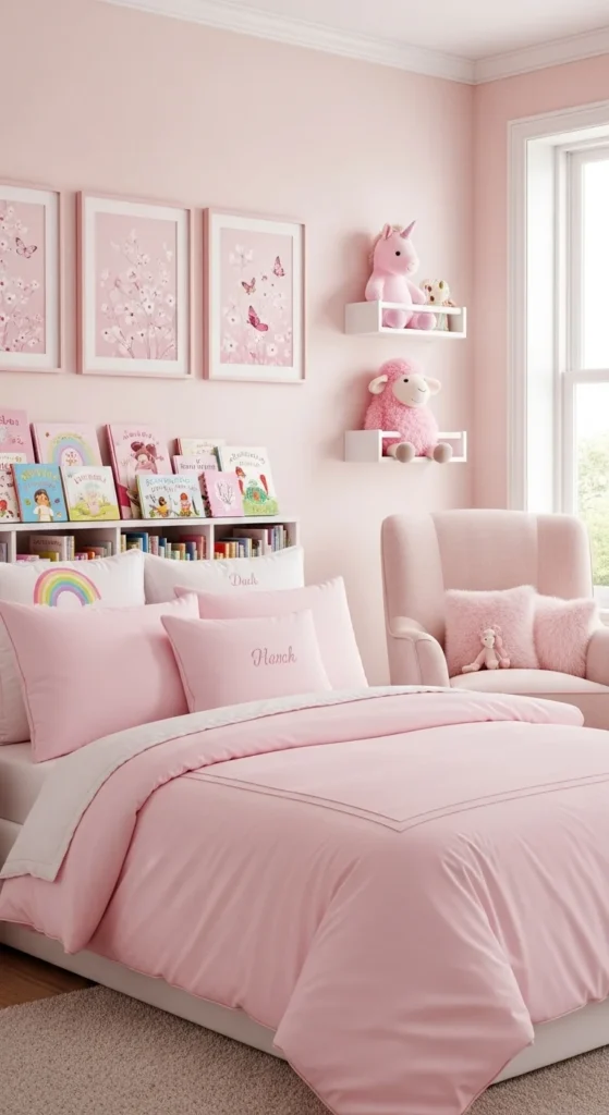 7 Girl Bedroom designs In Pink That Keep It Subtle Girls bedroom with personalized pink bedding and soft decor