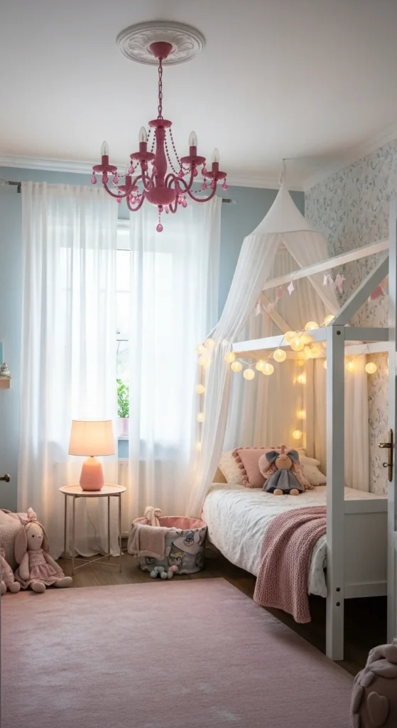 7 Girl Bedroom designs In Pink That Keep It Subtle Girls bedroom with pink chandelier and string lights