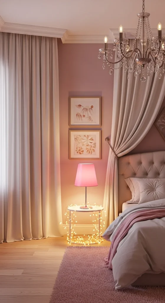 7 Girls Bedroom Ideas in Pink That Keep It Subtle Girls’ bedroom with soft pink lighting and fairy lights