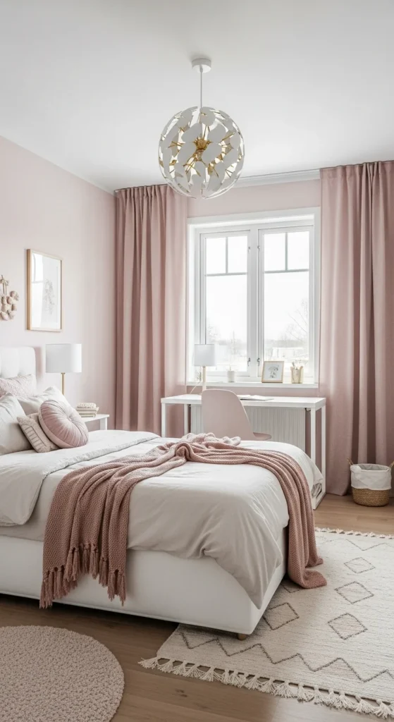 7 Girls Bedroom Ideas in Pink That Keep It Subtle Girls’ room with pastel pink walls and white furniture