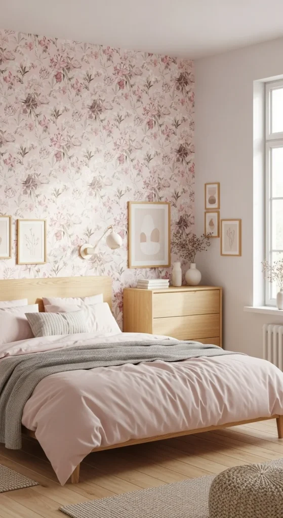 7 Girl Bedroom designs In Pink That Keep It Subtle Girls room with pink floral accent wall and light furniture