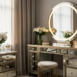 Glamorous bedroom vanity corner with mirror and velvet stool