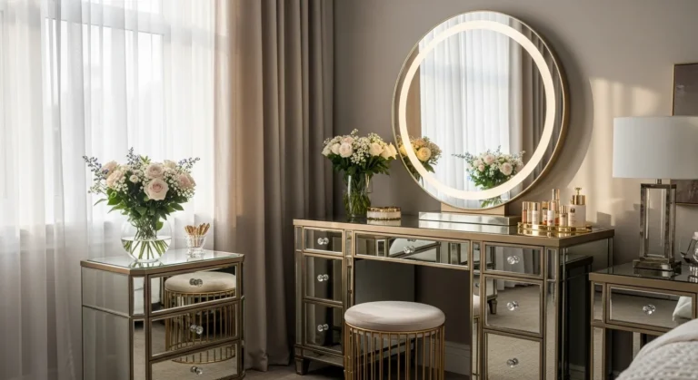 Glamorous bedroom vanity corner with mirror and velvet stool