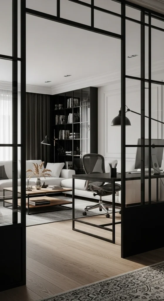 7 Stylish Living Room Partition Ideas You’ll Love Glass and black metal divider in an industrial living room
