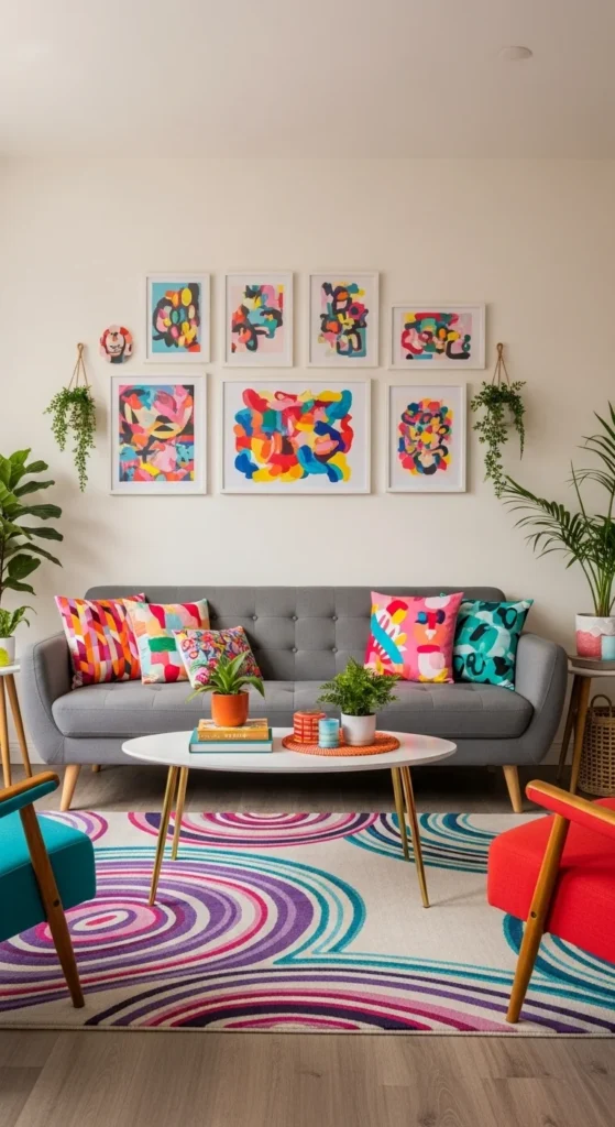 7 Gray Couch Living Room Ideas to Replace Leather Gray couch in an eclectic living room with colorful decor and art