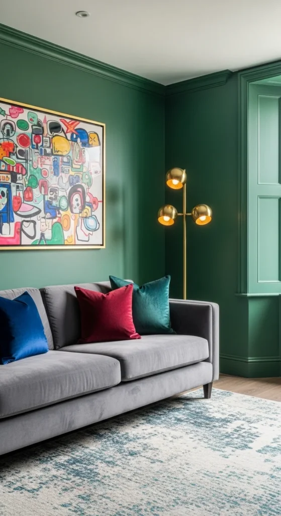 7 Gray Couch Living Room Ideas to Replace Leather Gray couch with jewel tones and emerald walls in a bold living room