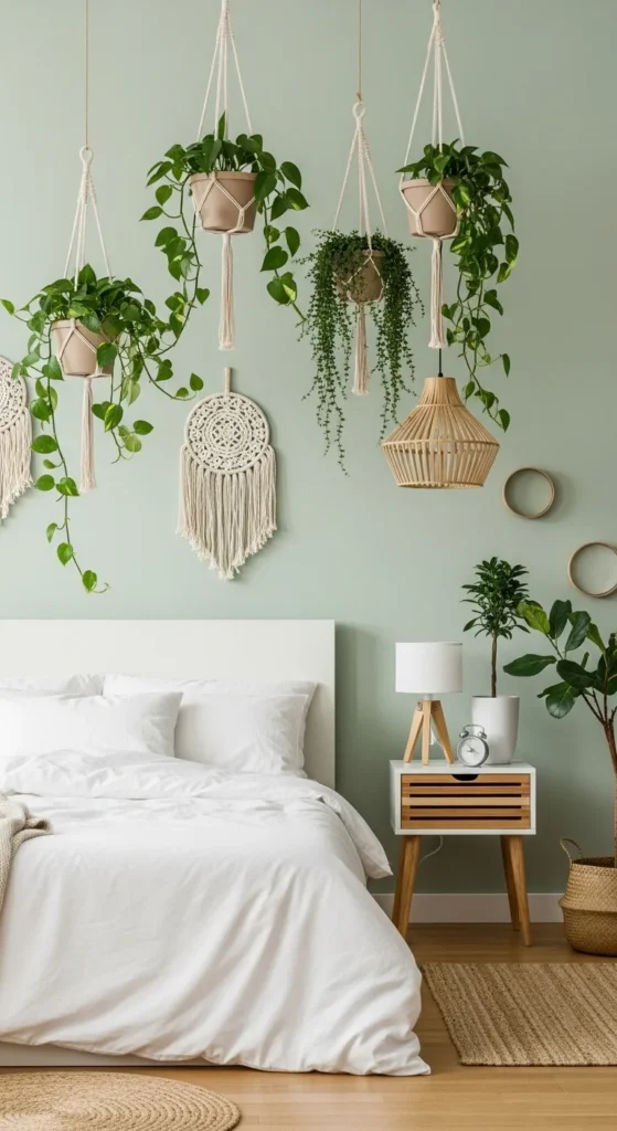 Green bedroom decorated with indoor plants and white bedding