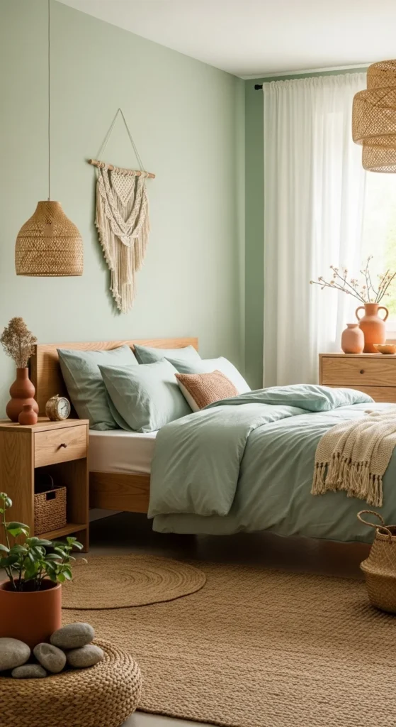 Green bedroom with natural wood furniture and earthy textures