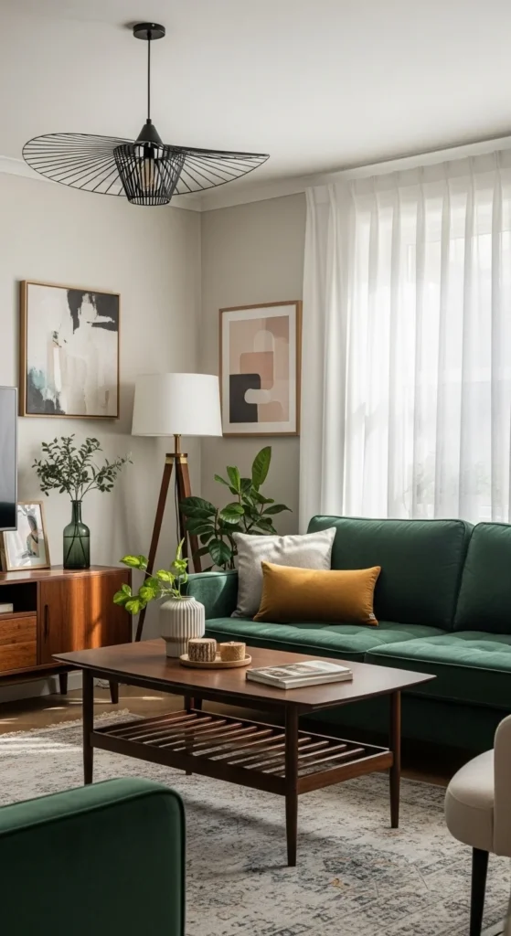 6 Green Couch Living Room Ideas Green couch lit by natural and warm artificial lighting