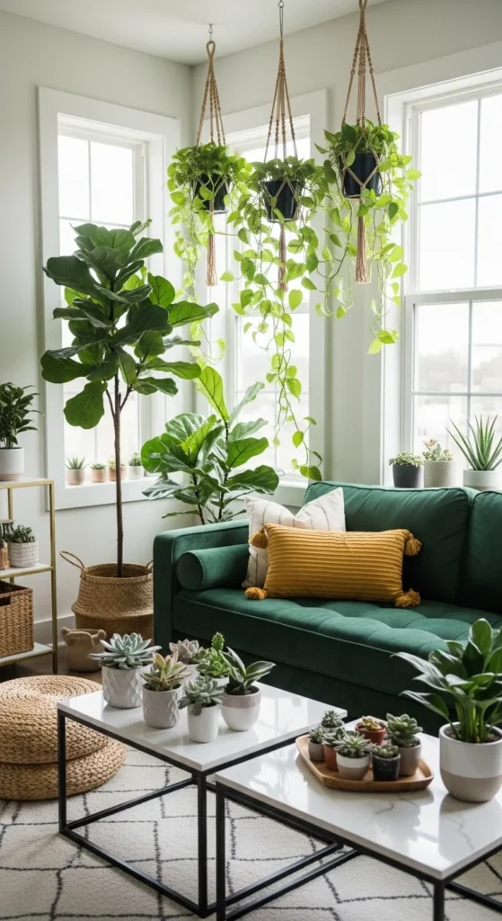 6 Green Couch Living Room Ideas Green couch surrounded by houseplants and succulents